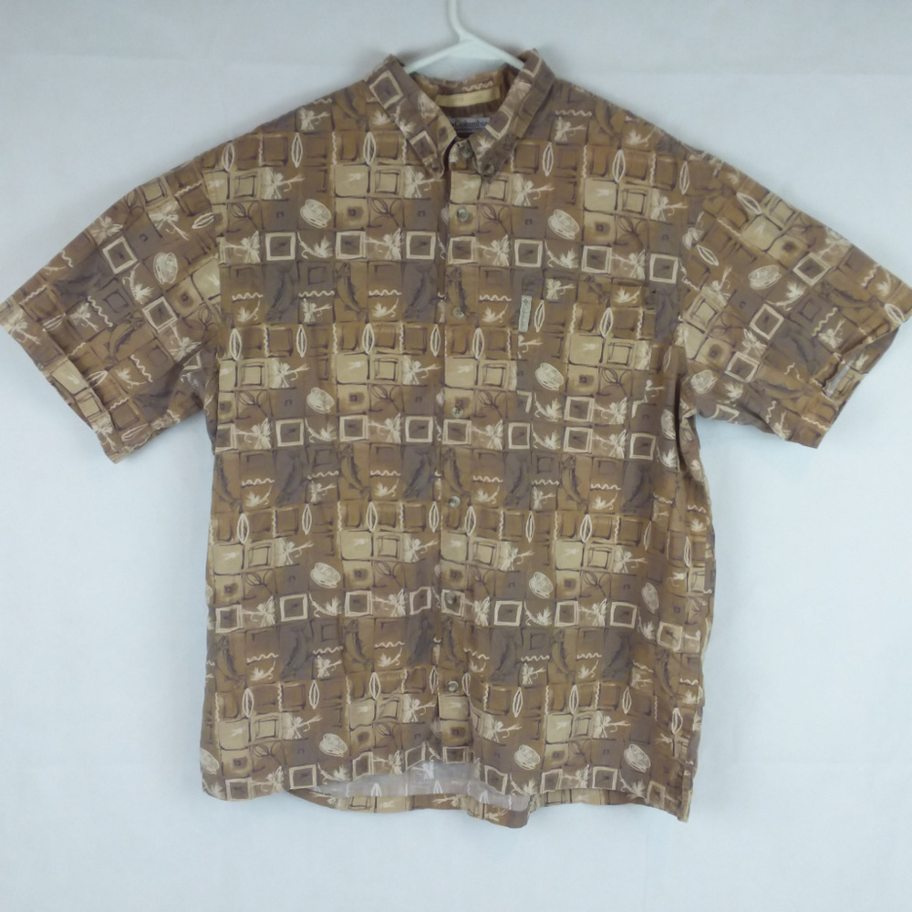 Men's XL Fishing Lure Pattern Button Shirt Tan
